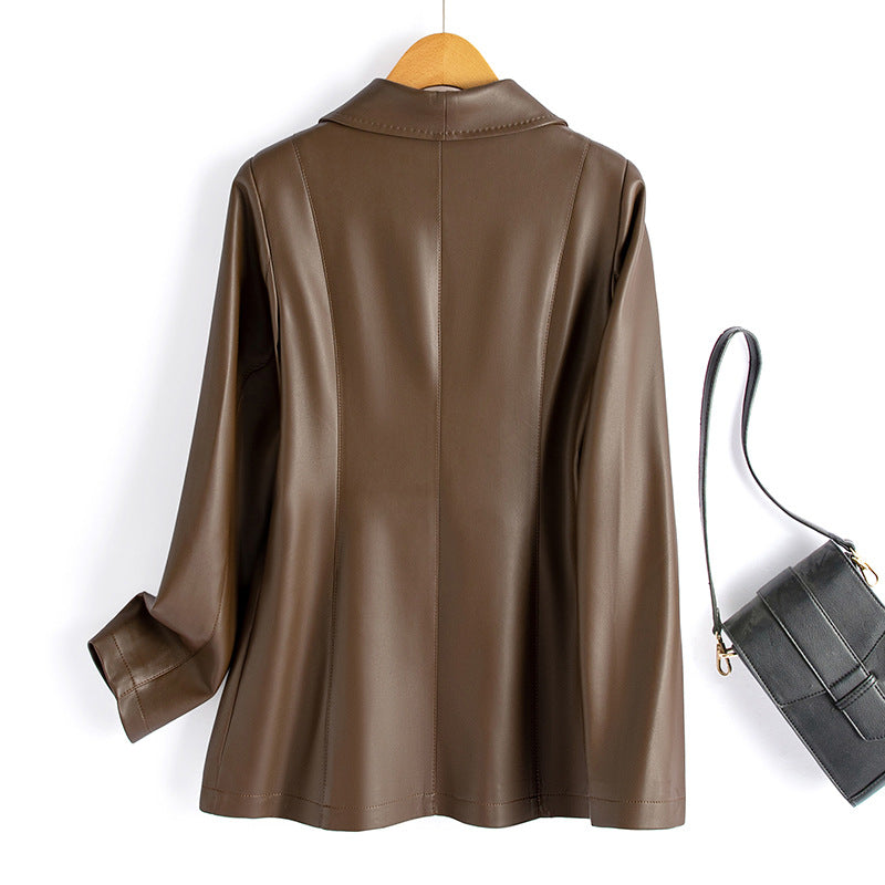 Blazer Faux Leather Longline with Notch Lapel and Single Button