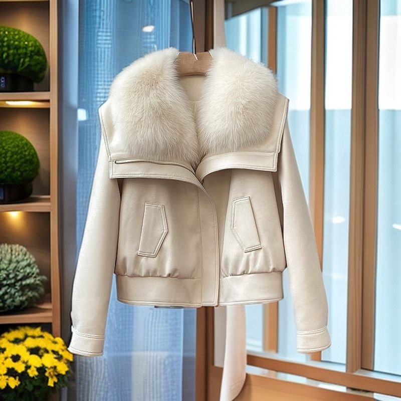 Jacket Faux Leather with Plush Faux Fur Collar, Relaxed Fit