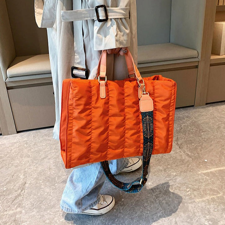 Tote Bag Quilted Cotton Nylon with Top Handles and Canvas Strap