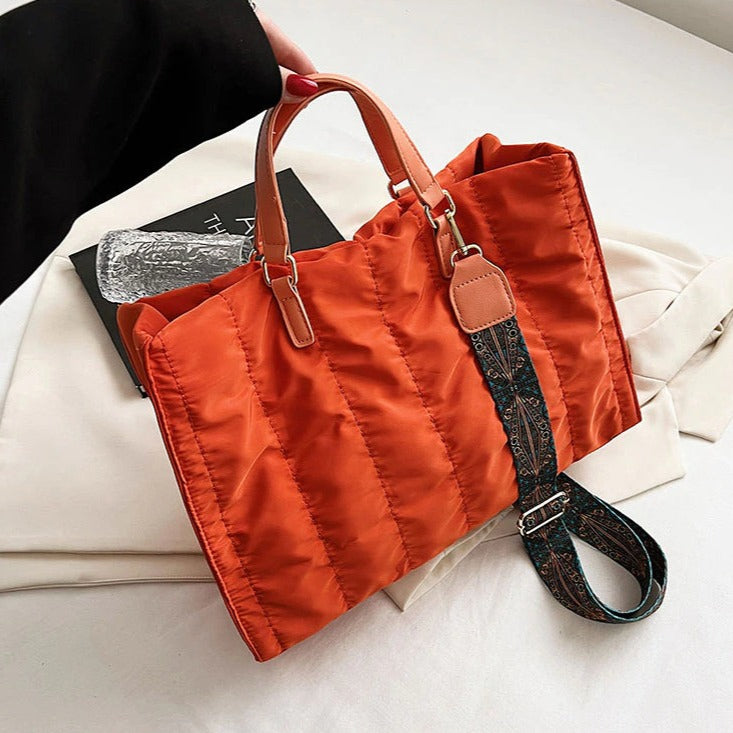 Tote Bag Quilted Cotton Nylon with Top Handles and Canvas Strap