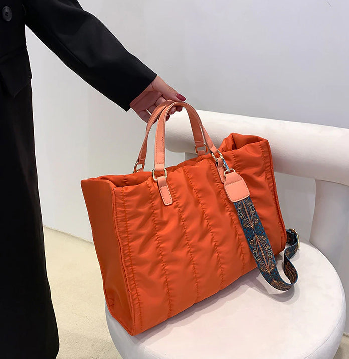 Tote Bag Quilted Cotton Nylon with Top Handles and Canvas Strap