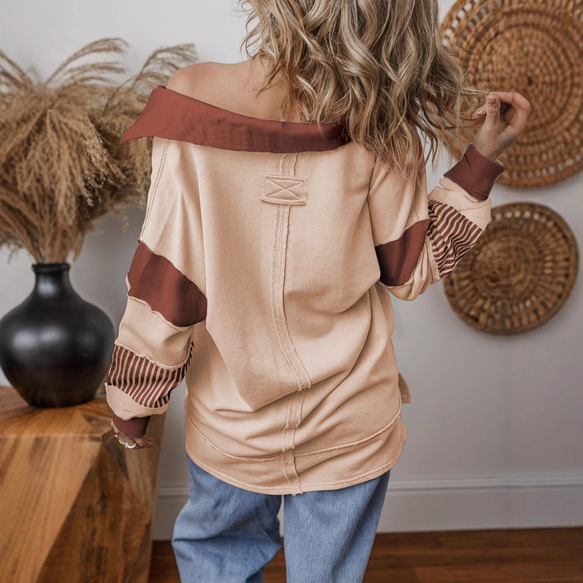 Striped V-Neck Colour Block Sweatshirt