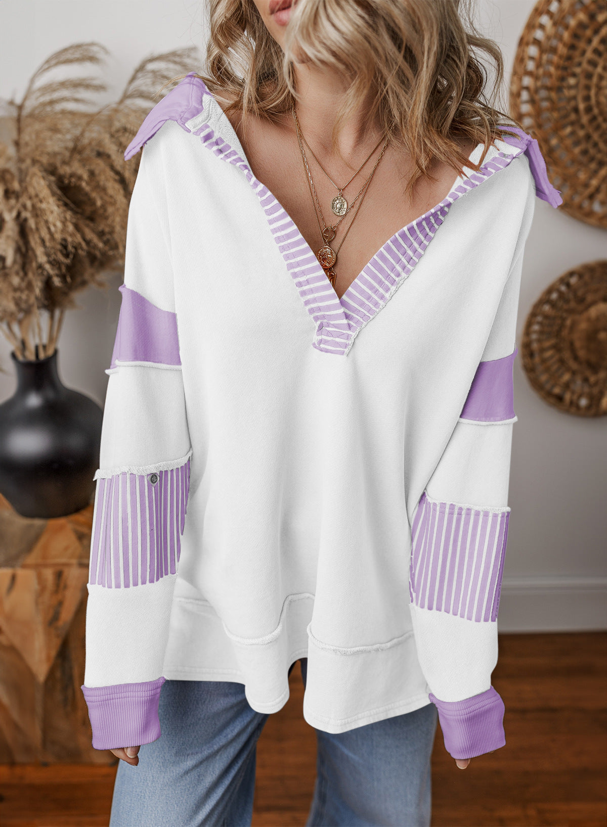 Striped V-Neck Colour Block Sweatshirt
