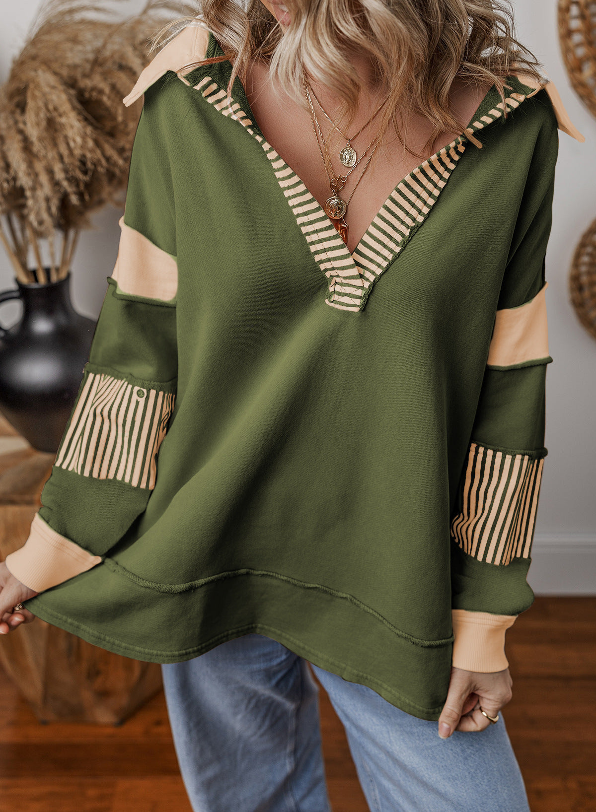 Striped V-Neck Colour Block Sweatshirt