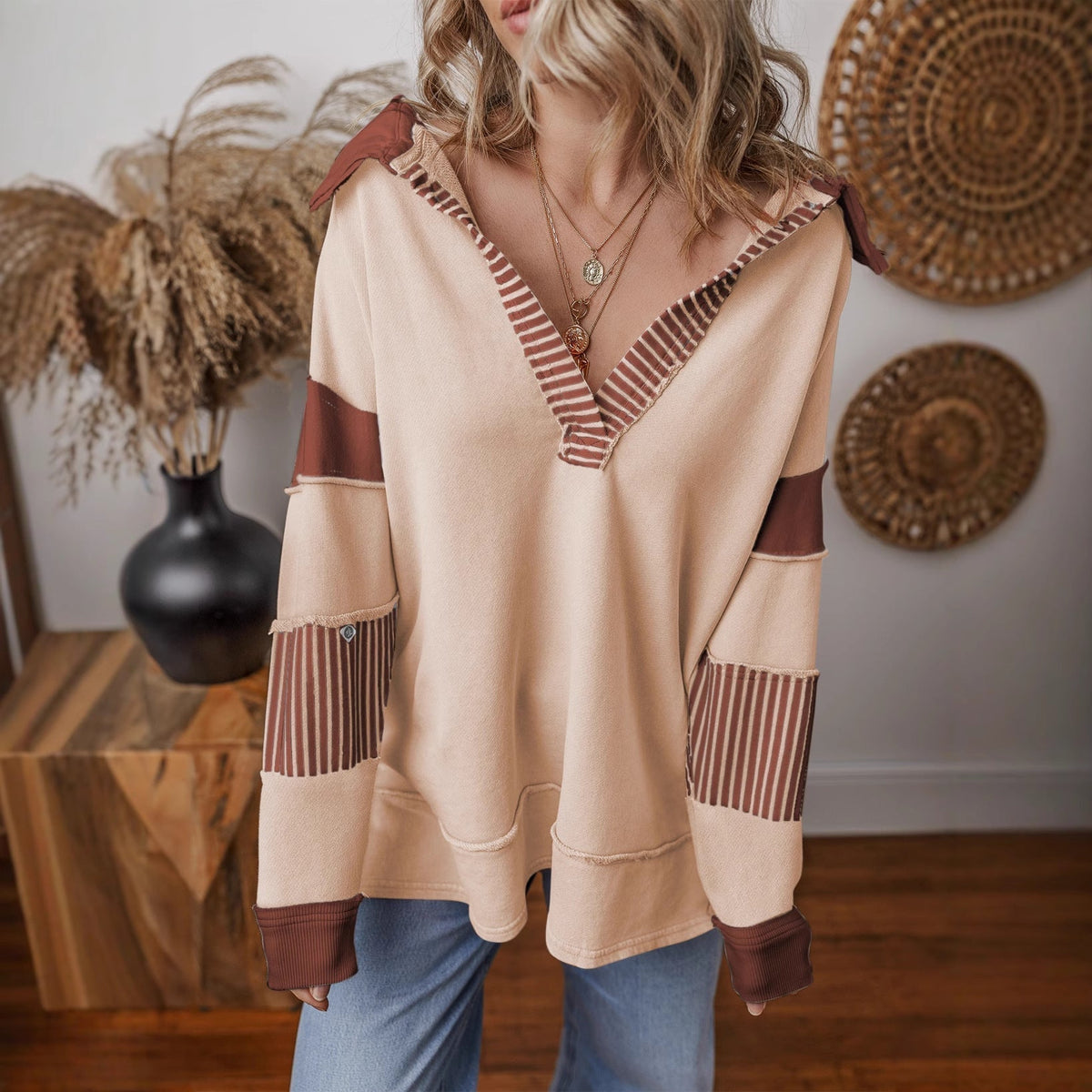 Striped V-Neck Colour Block Sweatshirt