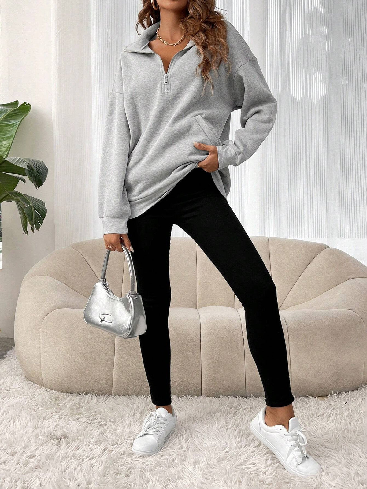 Oversized Half-Zip Pocket Sweatshirt