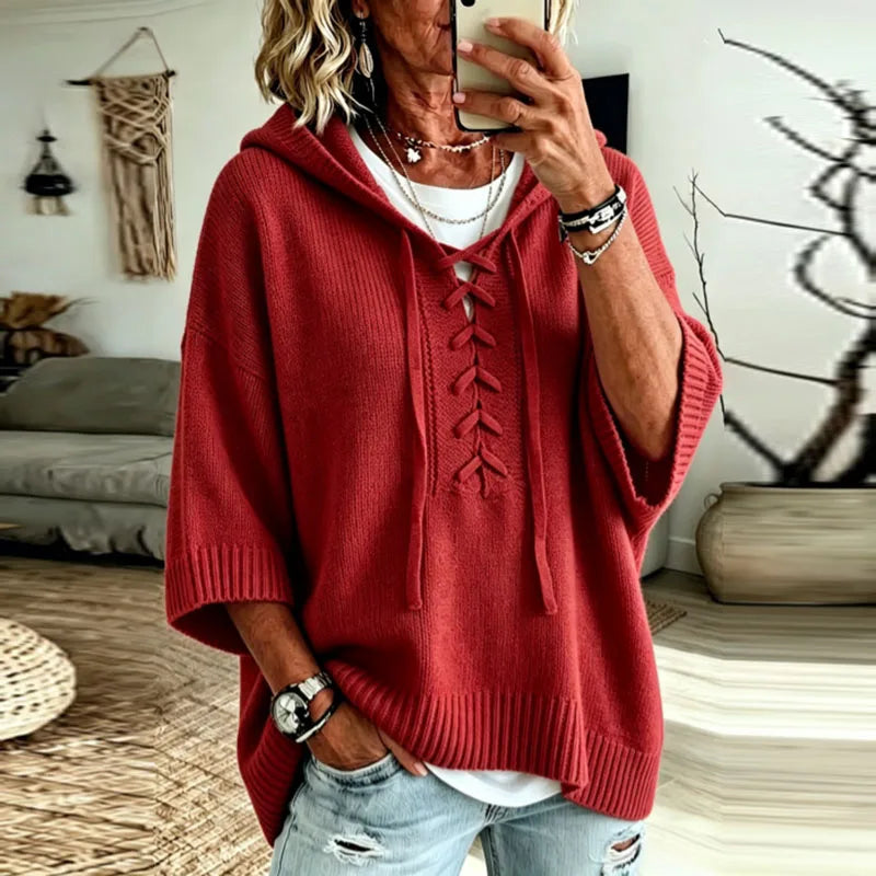 Lace-Up Hooded Knit Jumper