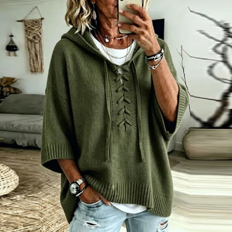 Lace-Up Hooded Knit Jumper