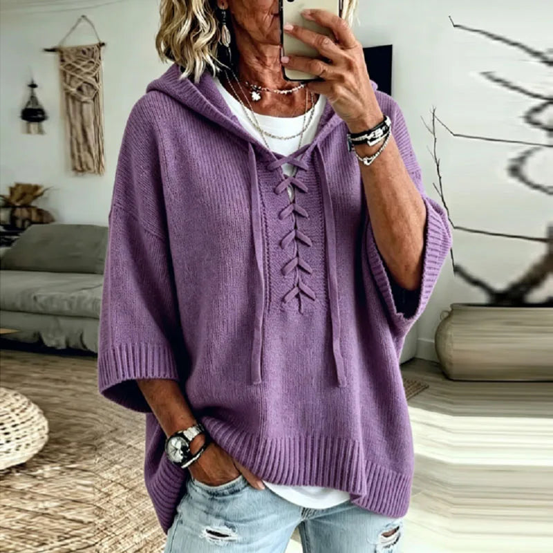 Lace-Up Hooded Knit Jumper