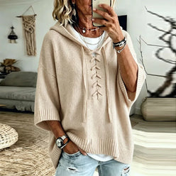 Lace-Up Hooded Knit Jumper