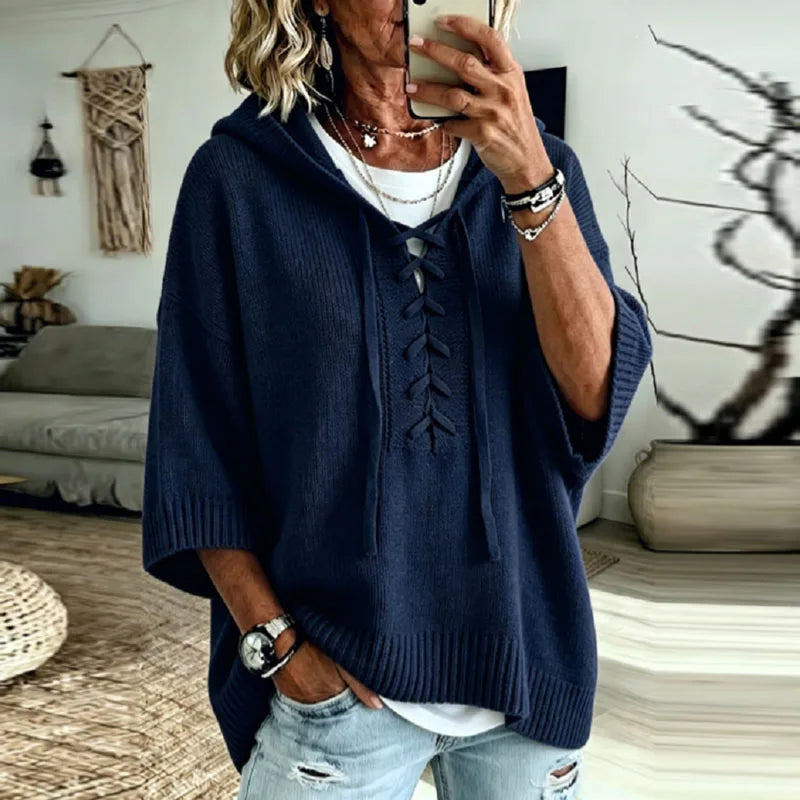 Lace-Up Hooded Knit Jumper