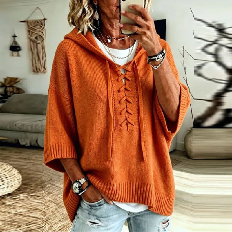 Lace-Up Hooded Knit Jumper