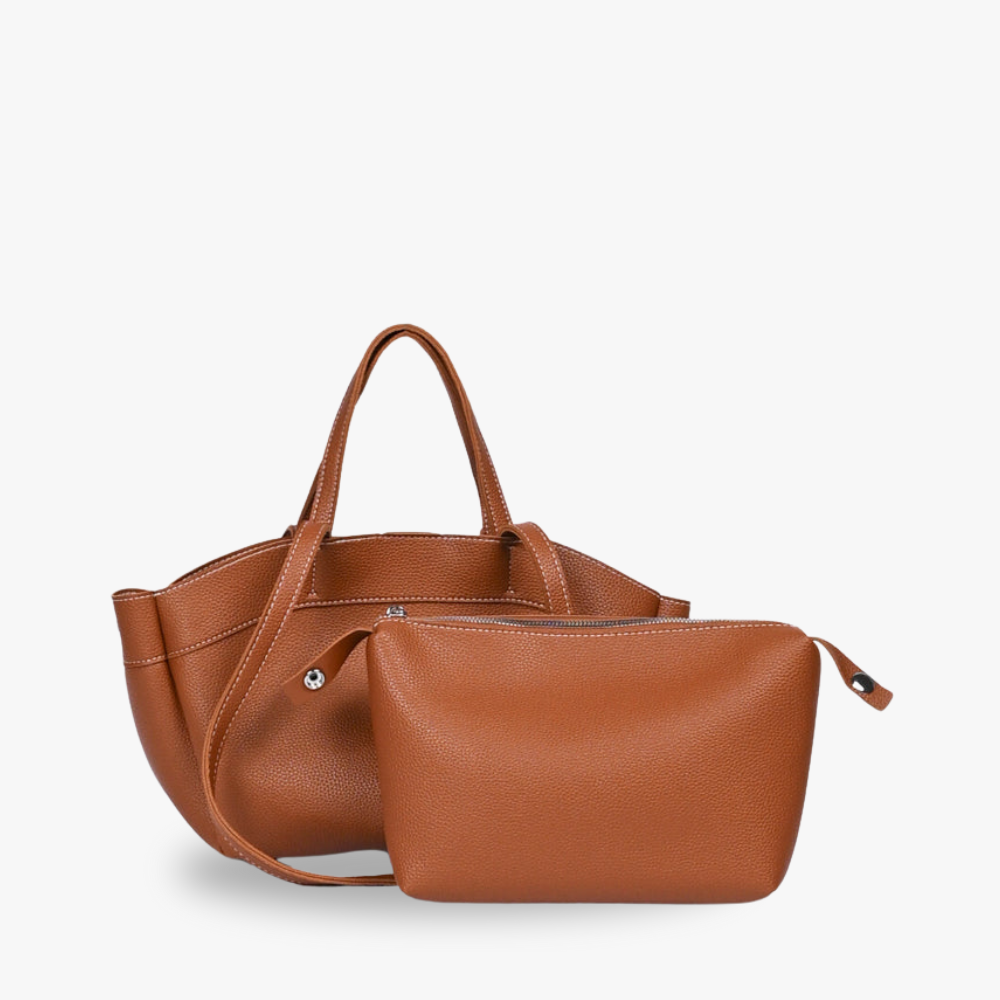 Tote Bag Grained Faux Leather with Removable Pouch and Topstitching