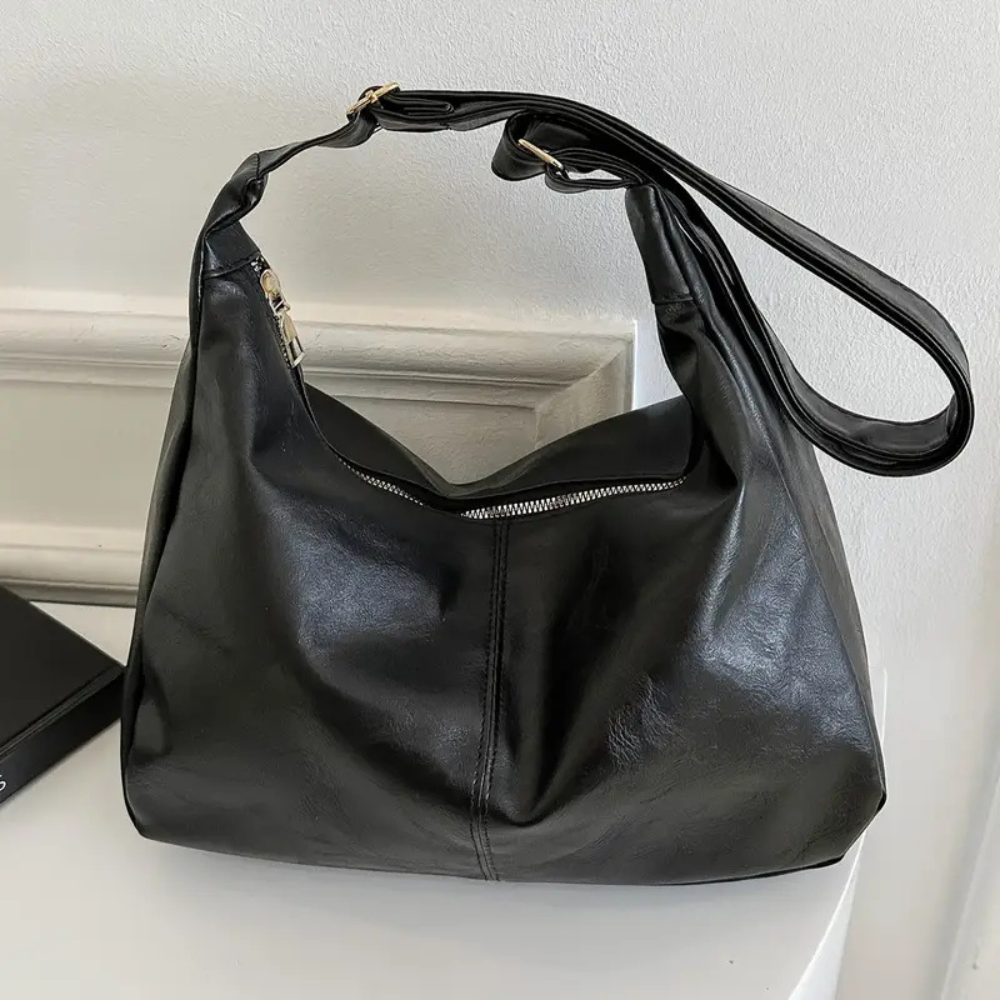Hobo Bag Crinkled Faux Leather with Zip and Adjustable Strap