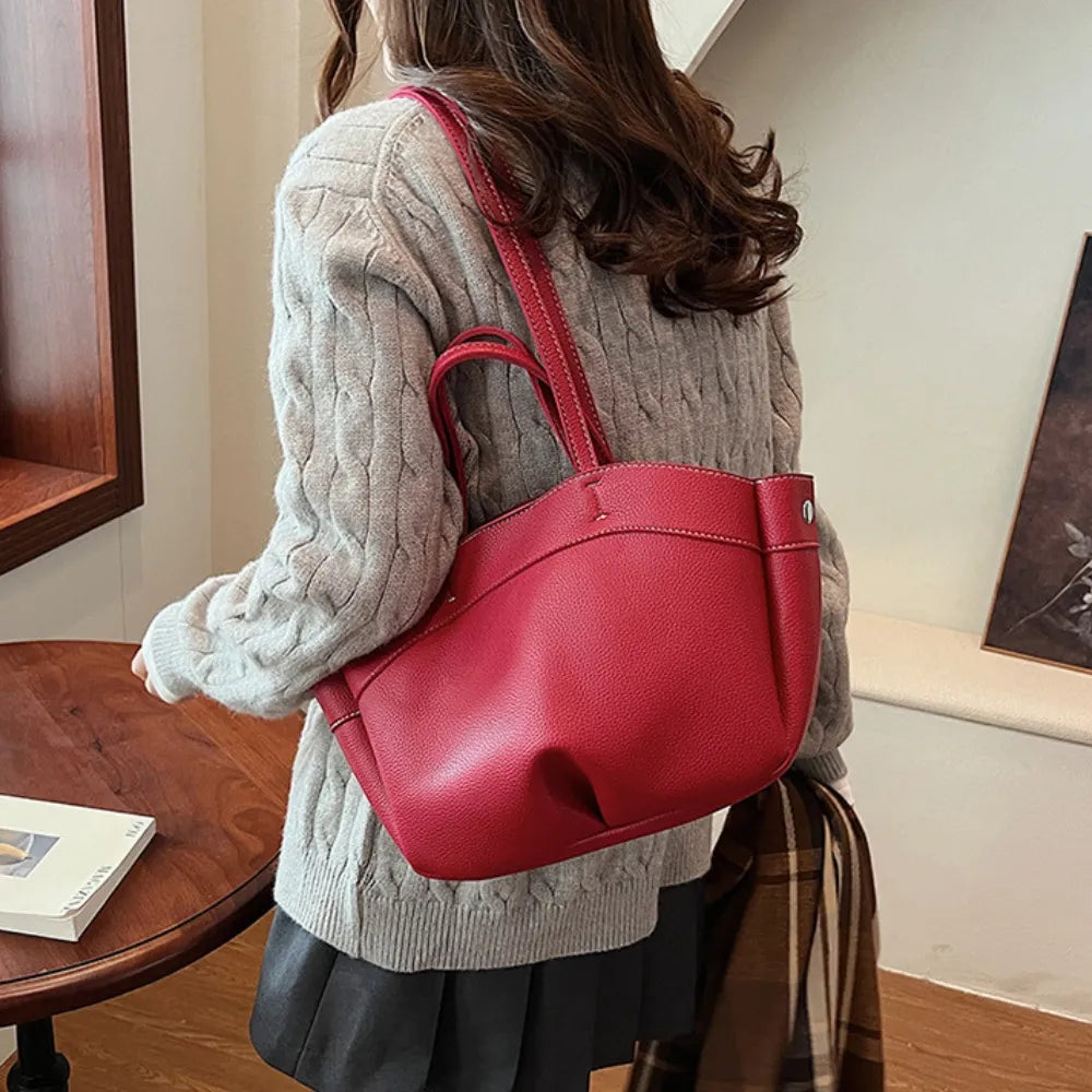 Tote Bag Grained Faux Leather with Removable Pouch and Topstitching