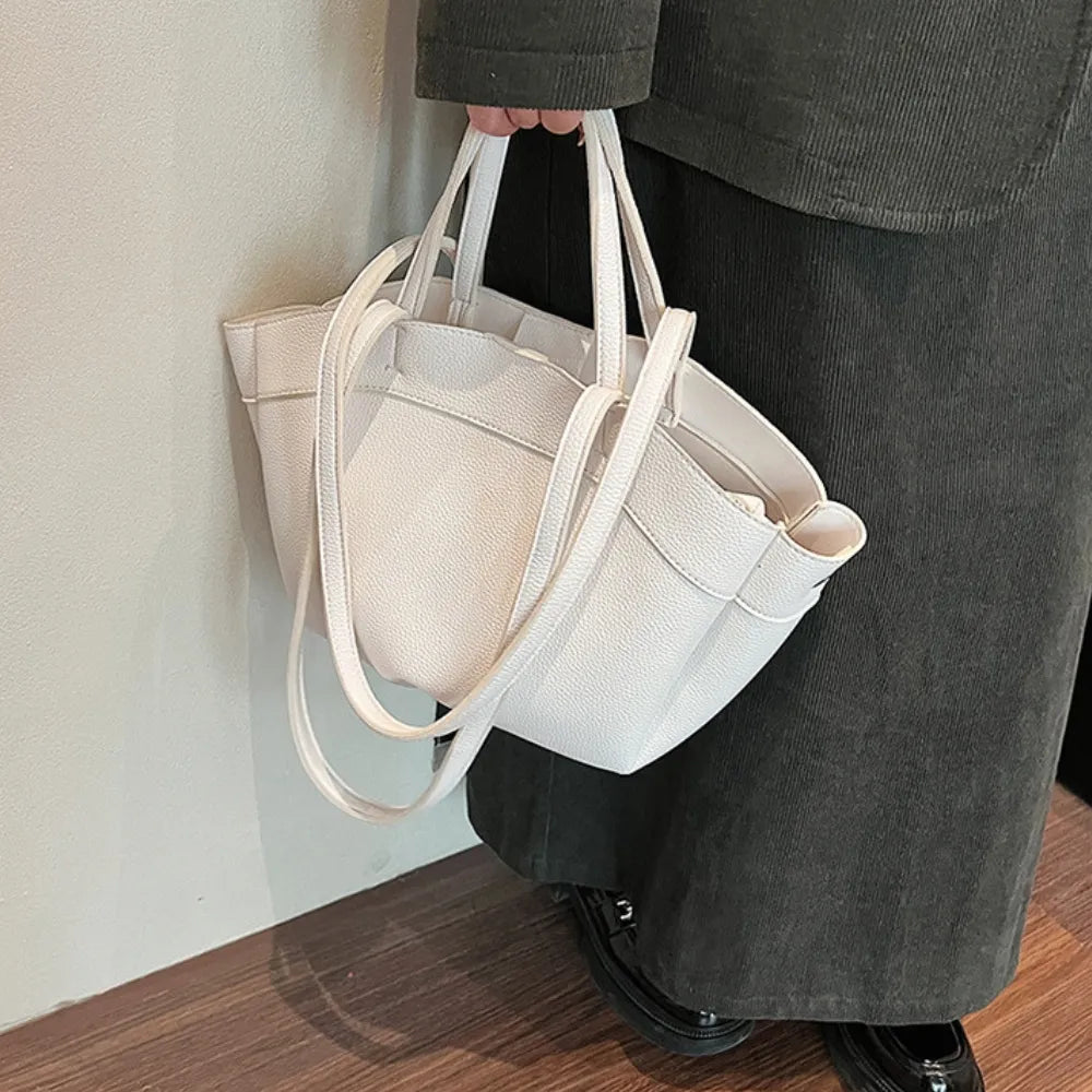 Tote Bag Grained Faux Leather with Removable Pouch and Topstitching