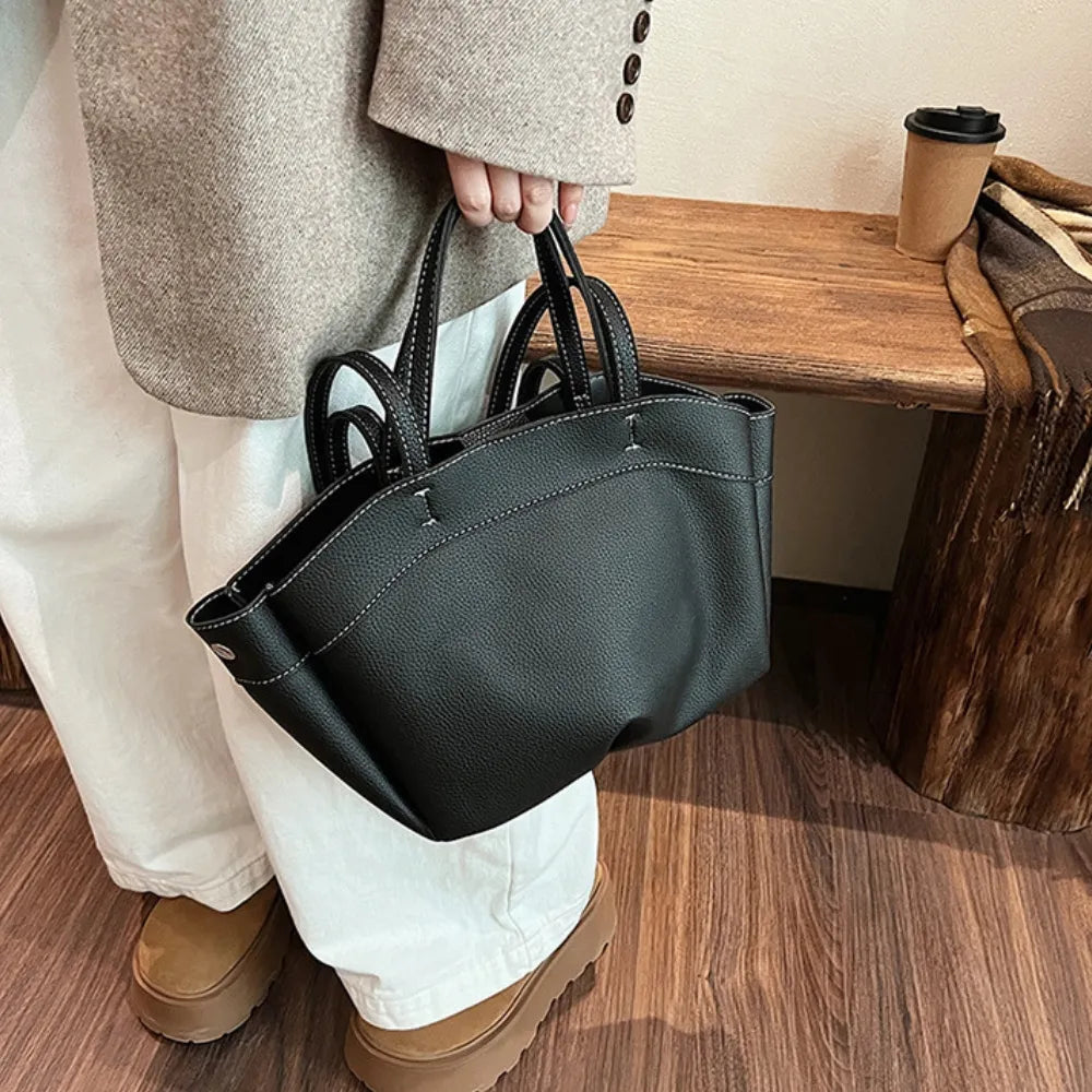 Tote Bag Grained Faux Leather with Removable Pouch and Topstitching