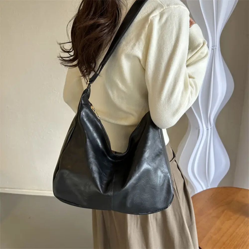 Hobo Bag Crinkled Faux Leather with Zip and Adjustable Strap