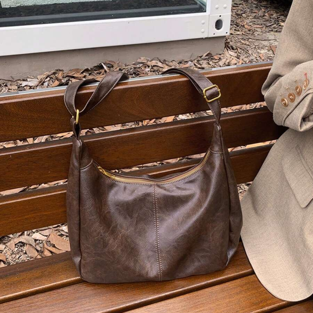 Hobo Bag Crinkled Faux Leather with Zip and Adjustable Strap