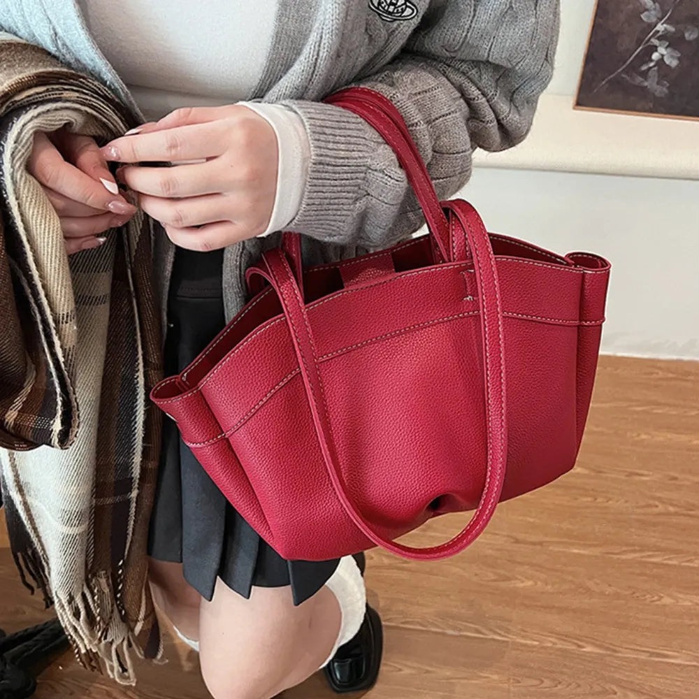 Tote Bag Grained Faux Leather with Removable Pouch and Topstitching