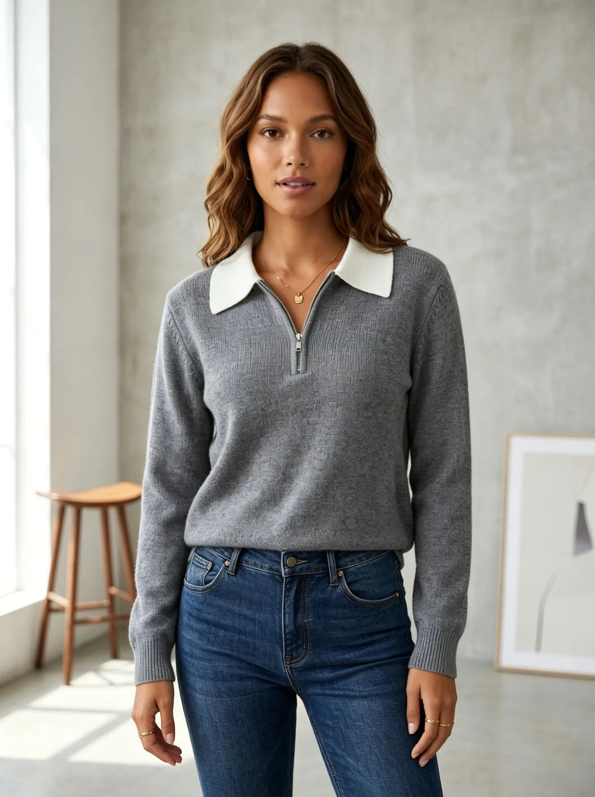 Contrast Collar Quarter-Zip Jumper