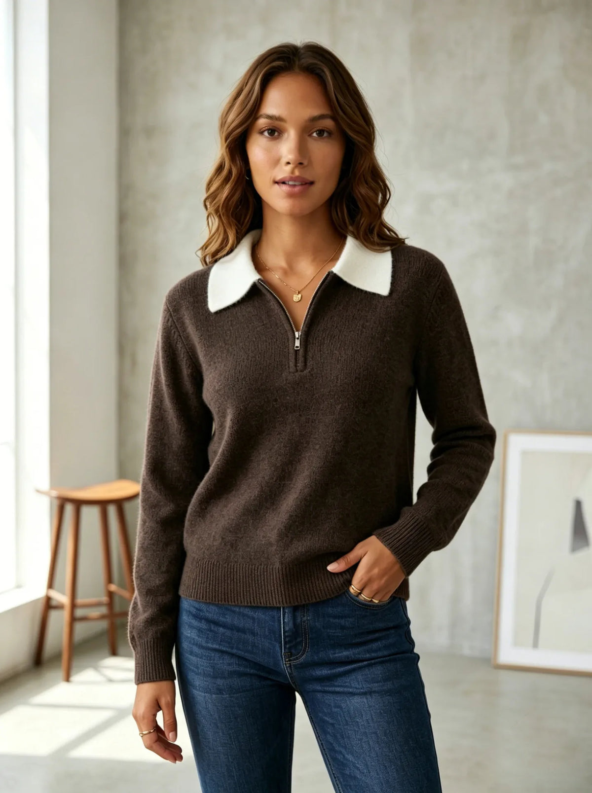 Contrast Collar Quarter-Zip Jumper