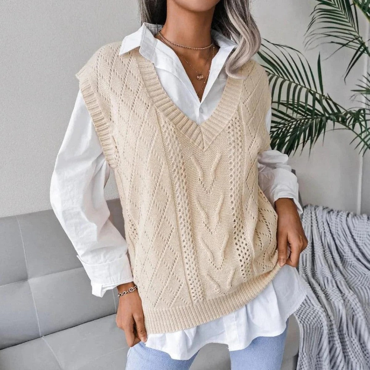 Cable Pointelle Jumper Vest