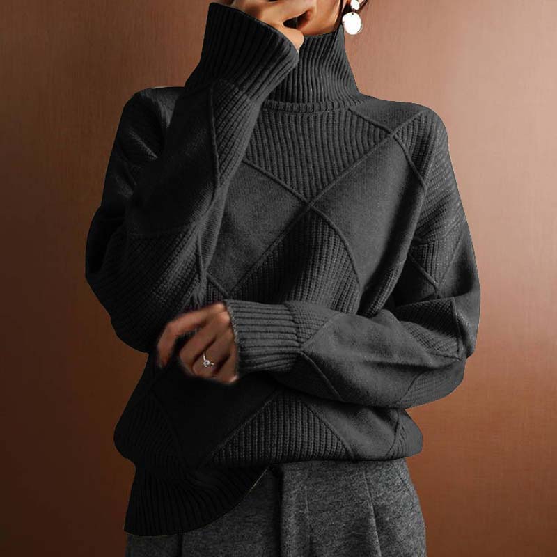 Relaxed Roll Neck Knit Jumper with Diamond Texture
