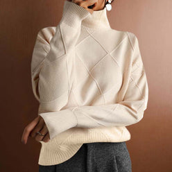 Relaxed Roll Neck Knit Jumper with Diamond Texture