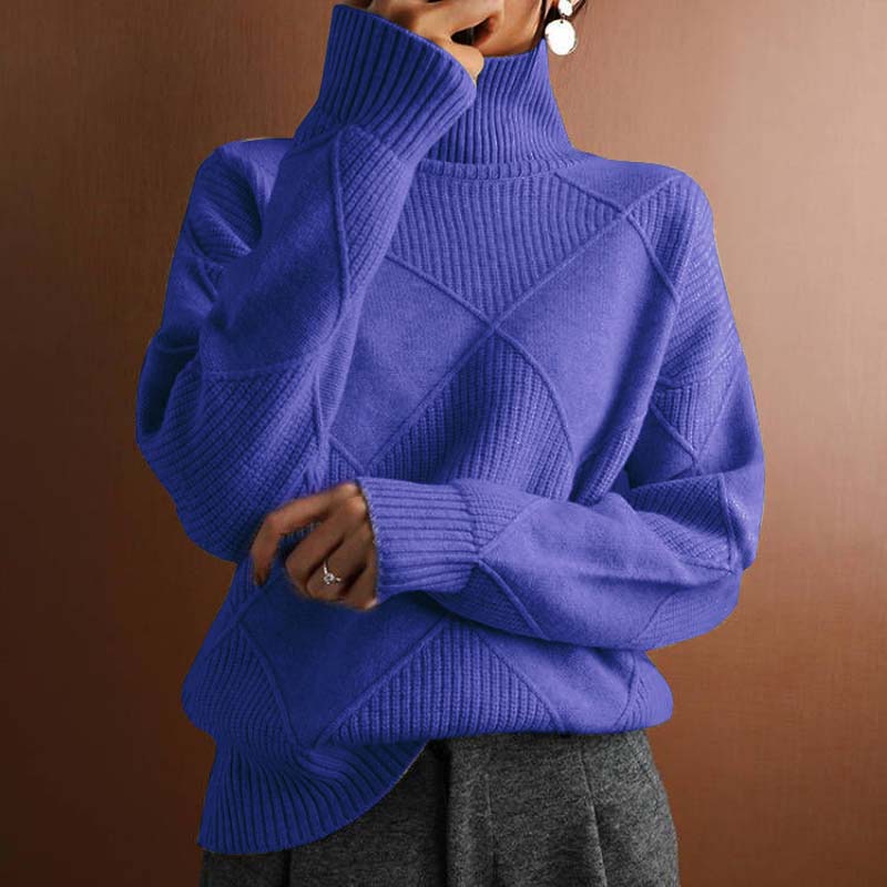 Relaxed Roll Neck Knit Jumper with Diamond Texture