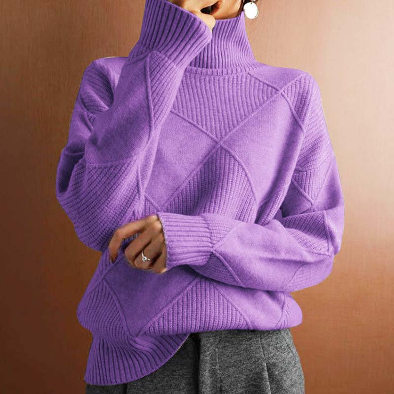 Relaxed Roll Neck Knit Jumper with Diamond Texture