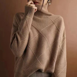 Relaxed Roll Neck Knit Jumper with Diamond Texture