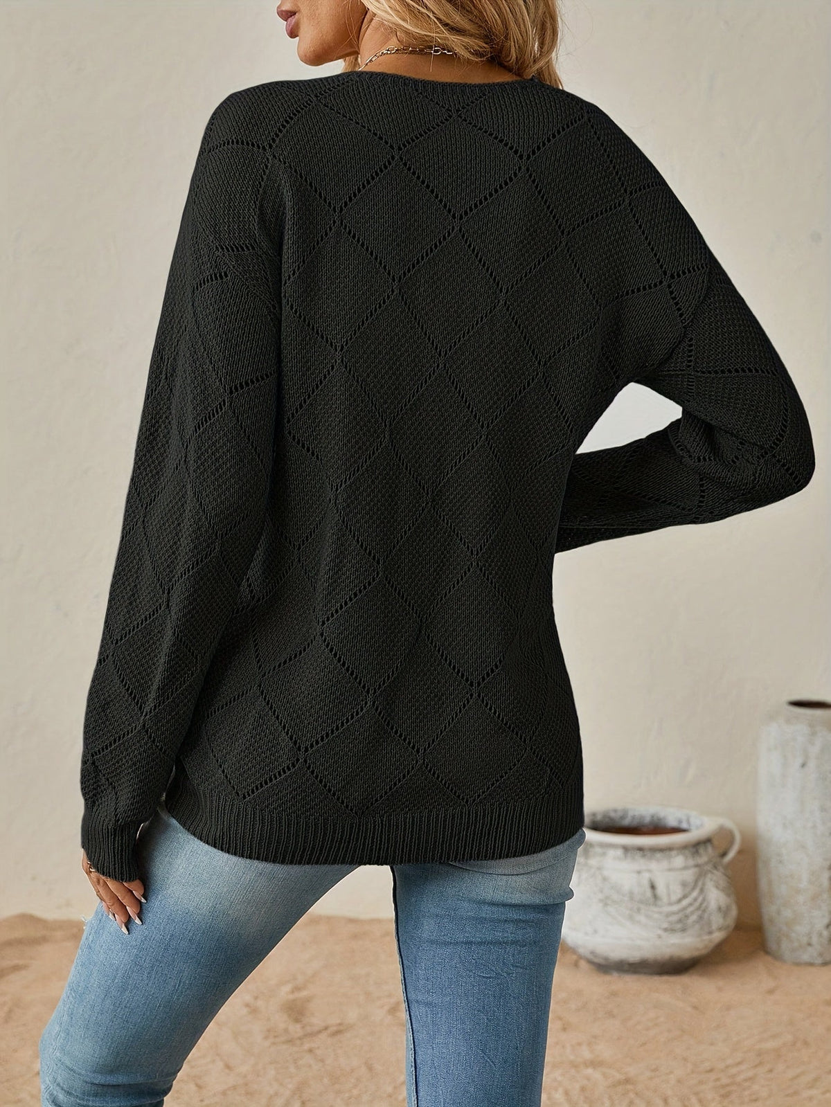 Diamond Pointelle V-Neck Jumper