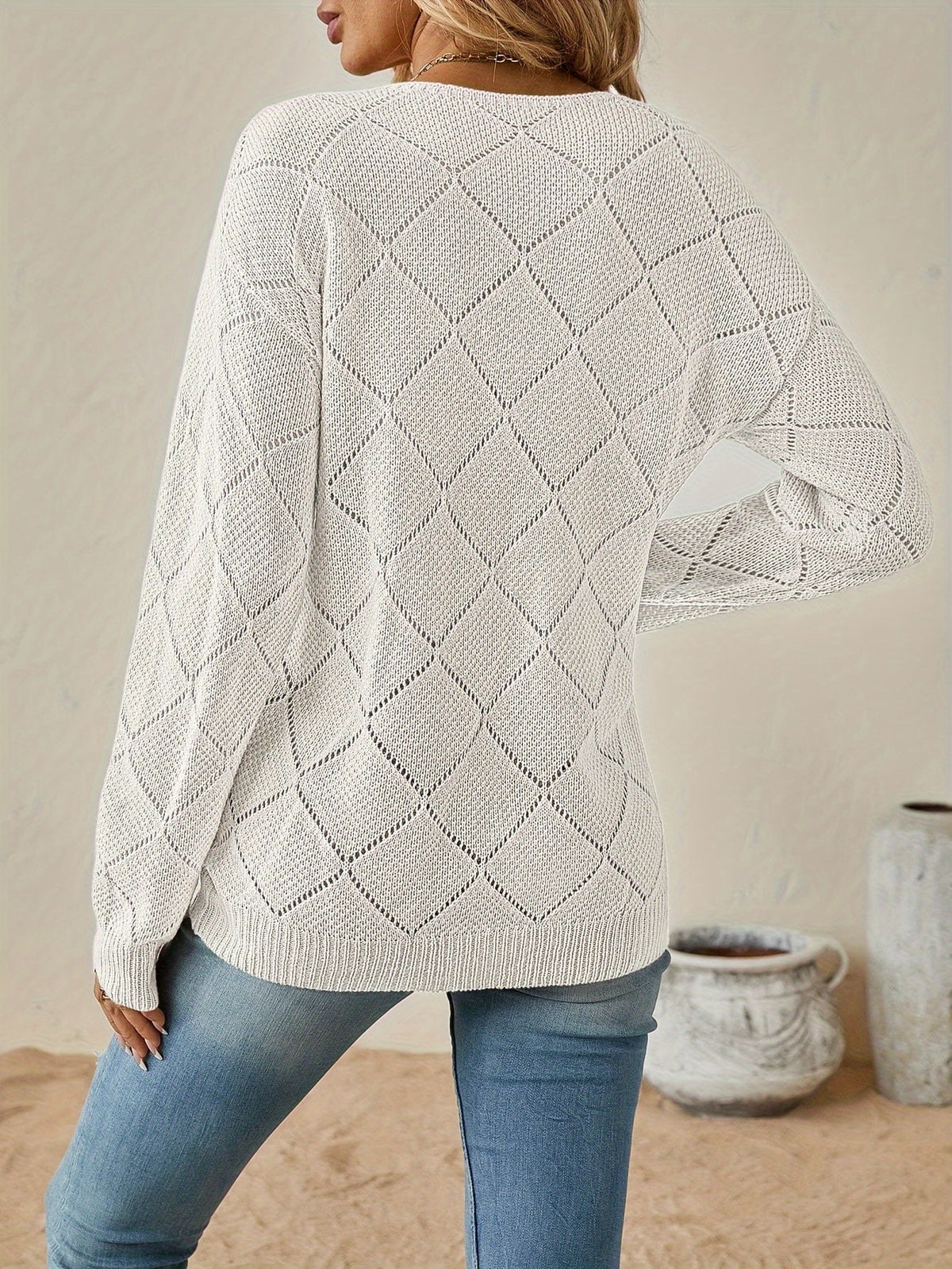 Diamond Pointelle V-Neck Jumper