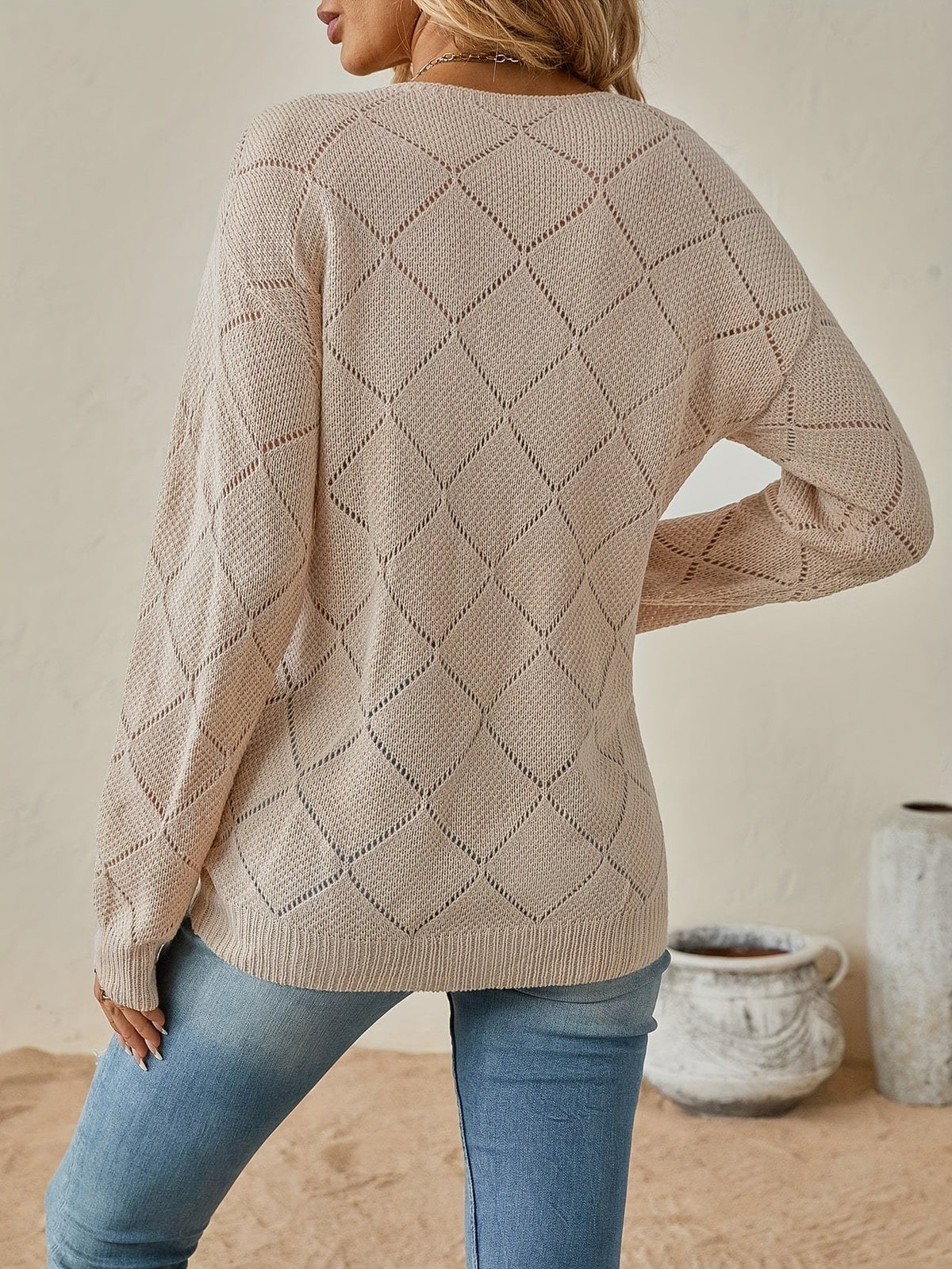 Diamond Pointelle V-Neck Jumper