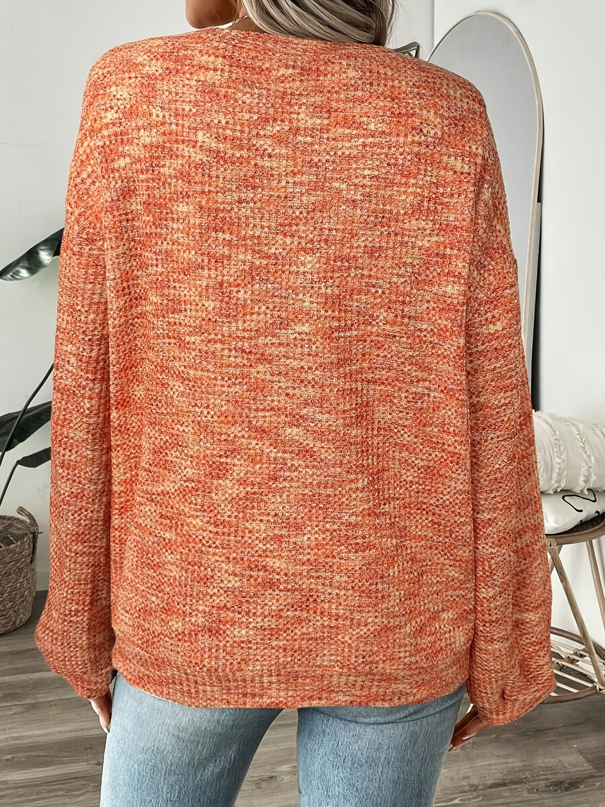 Marled Waffle Puff Sleeve Jumper
