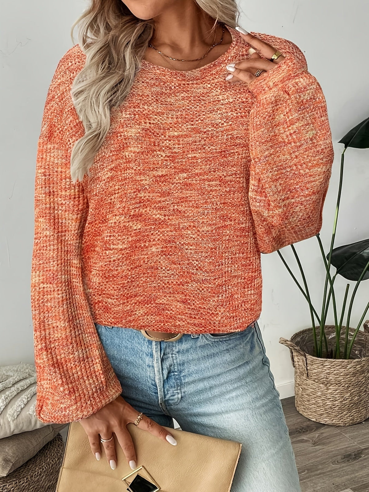 Marled Waffle Puff Sleeve Jumper