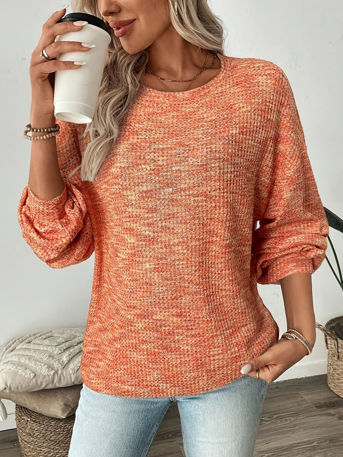 Marled Waffle Puff Sleeve Jumper