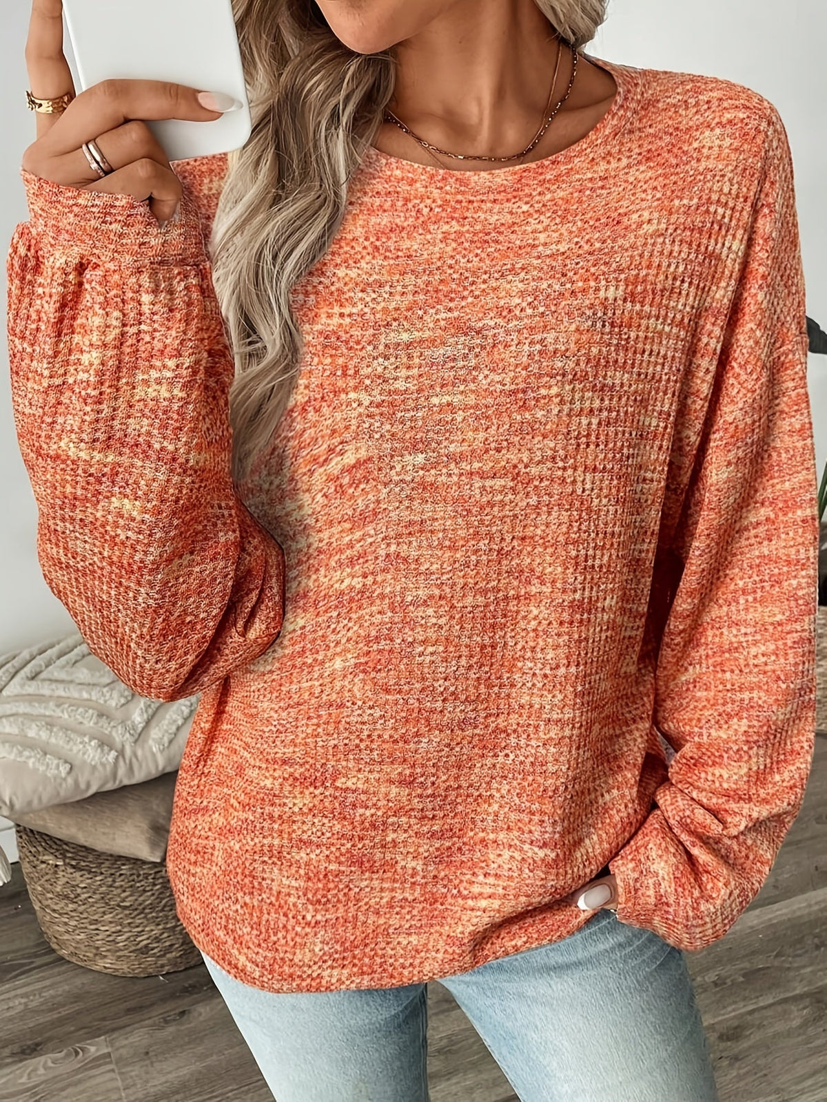 Marled Waffle Puff Sleeve Jumper