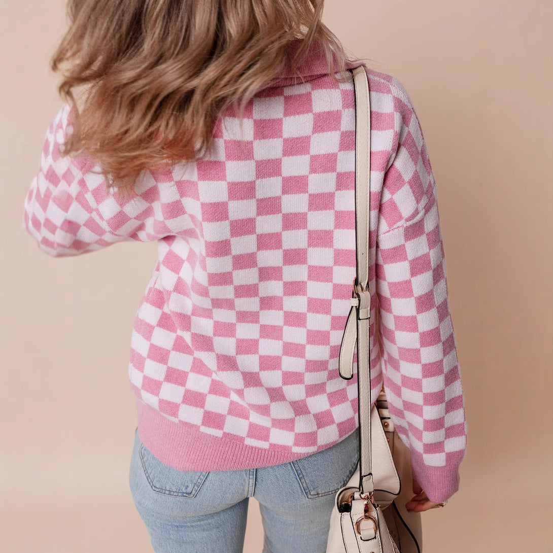 Retro Checkerboard Collar Jumper