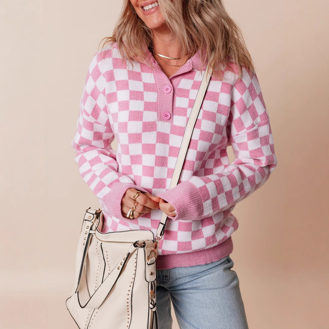Retro Checkerboard Collar Jumper