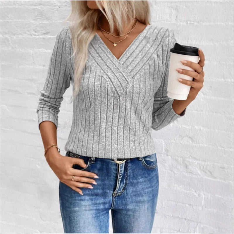 Ribbed Crossover V-Neck Jumper