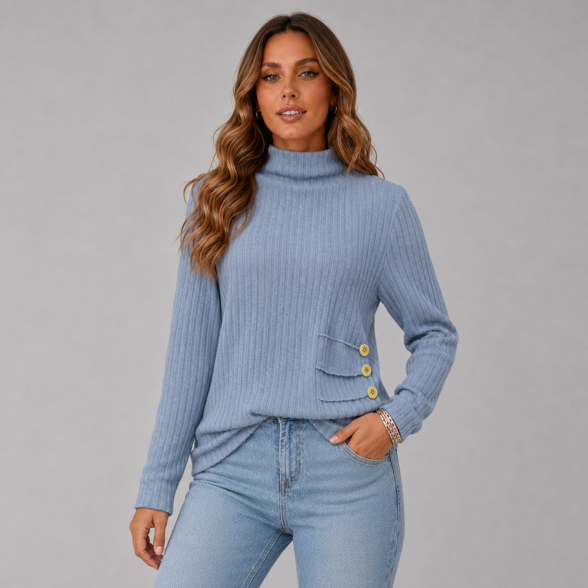 Side Button Rib Roll Neck
