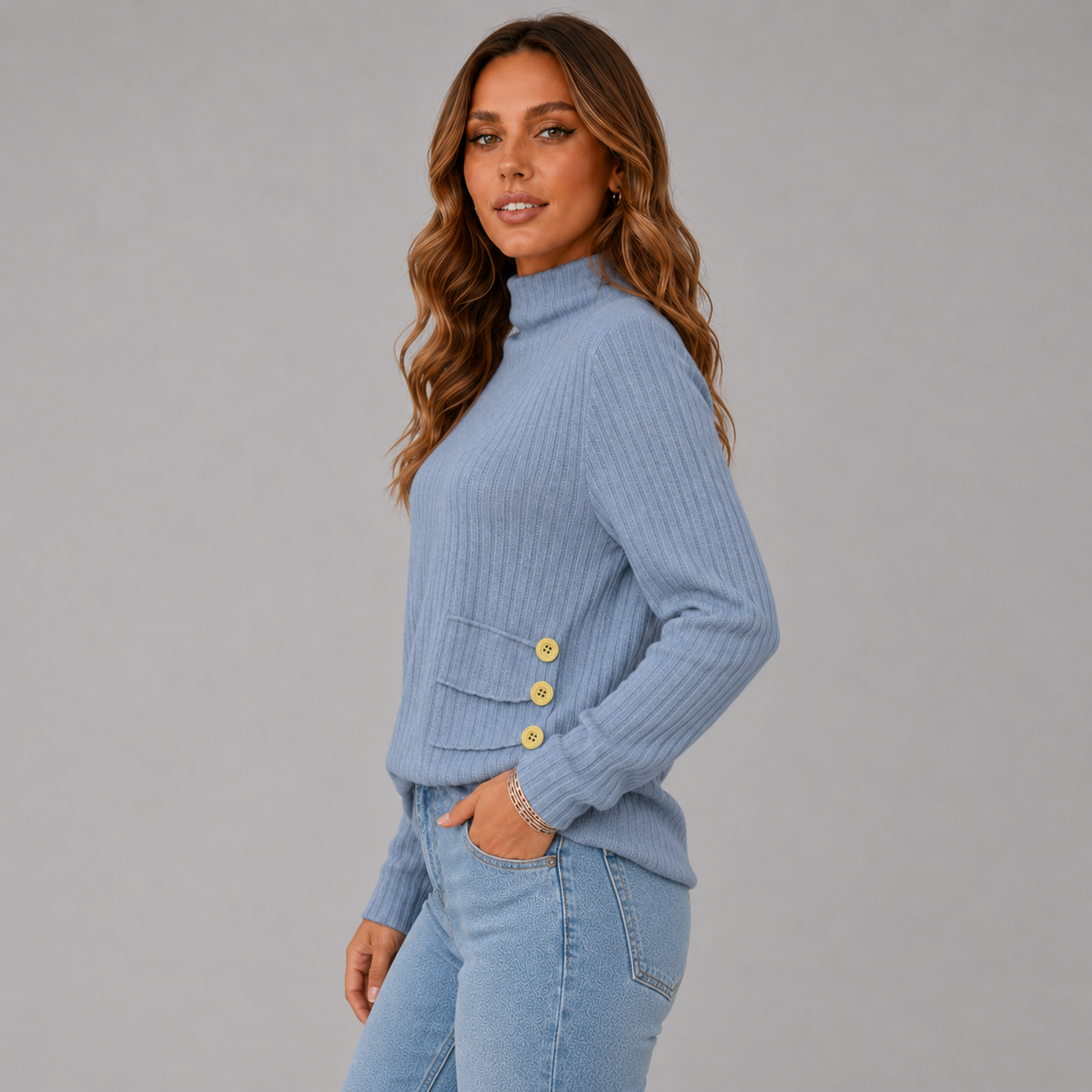 Side Button Rib Roll Neck