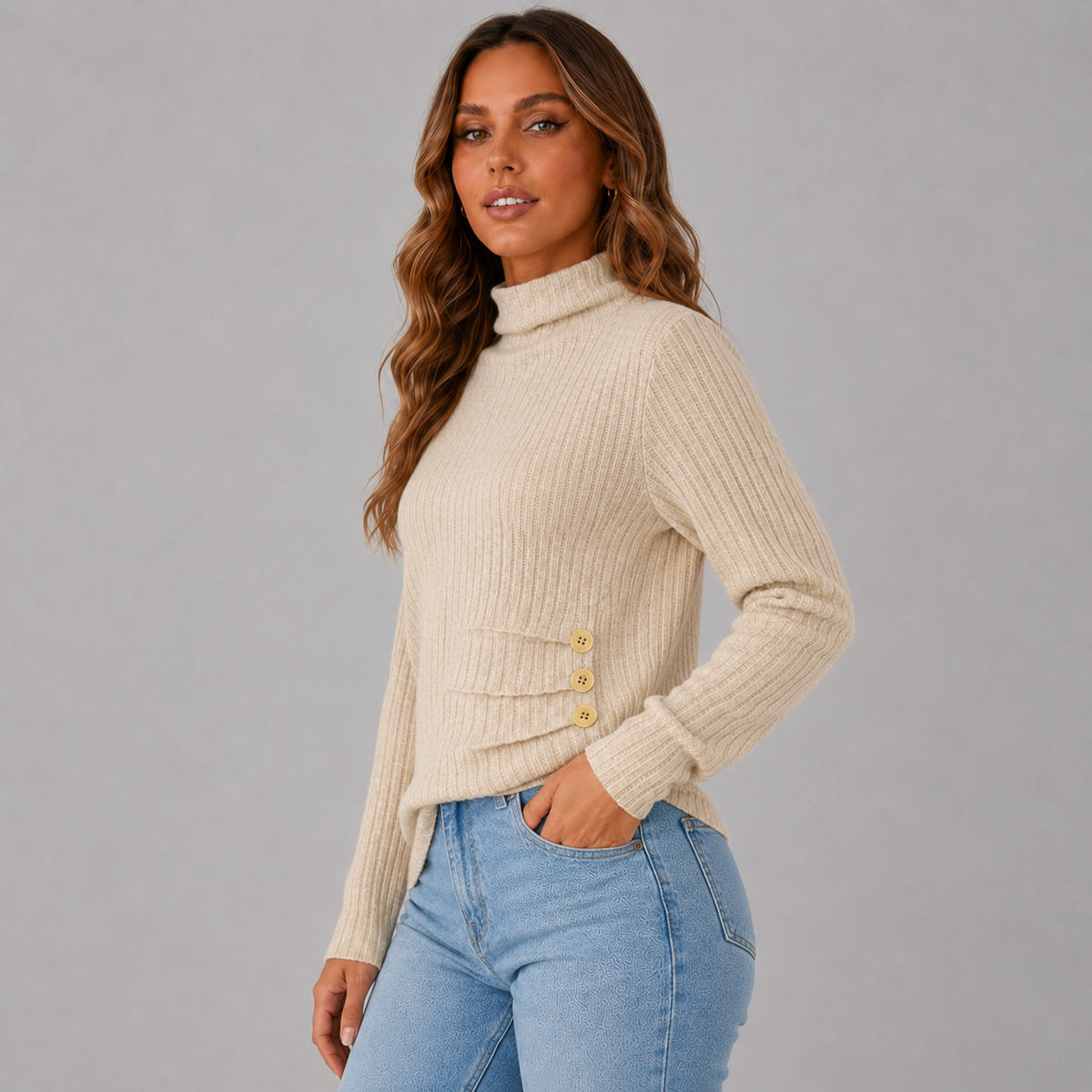 Side Button Rib Roll Neck