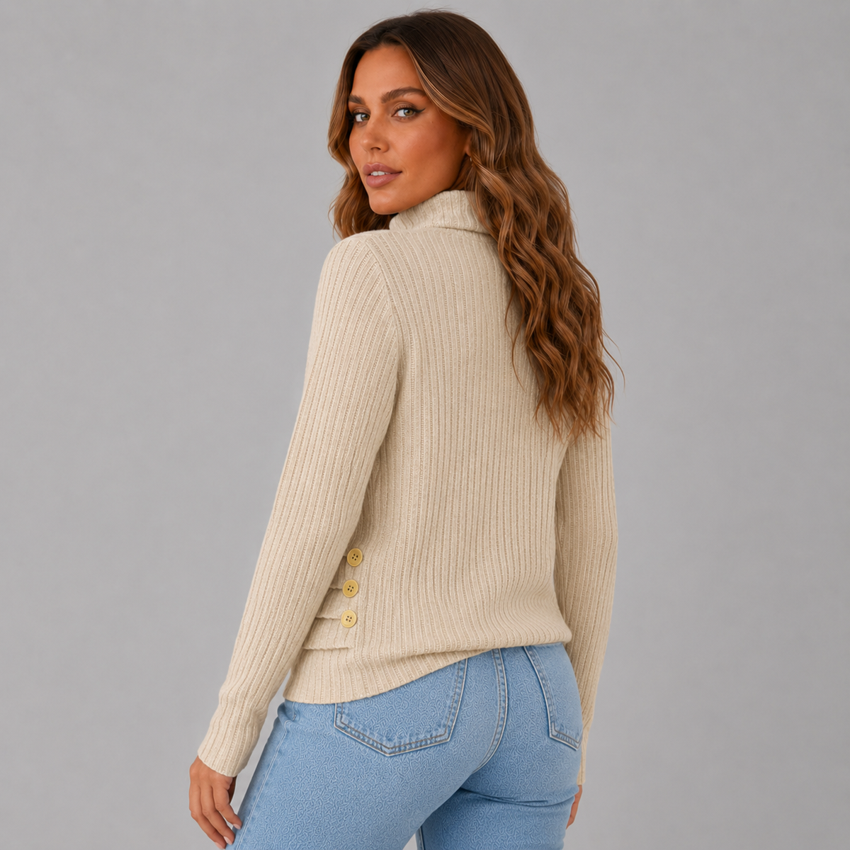 Side Button Rib Roll Neck