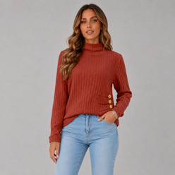 Side Button Rib Roll Neck