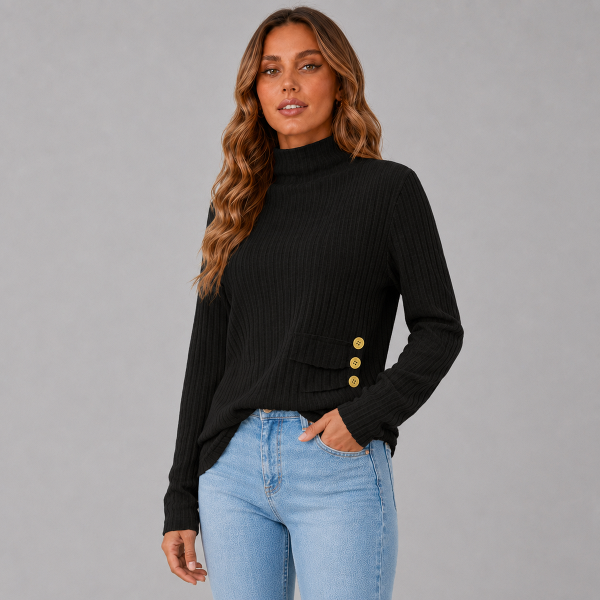 Side Button Rib Roll Neck