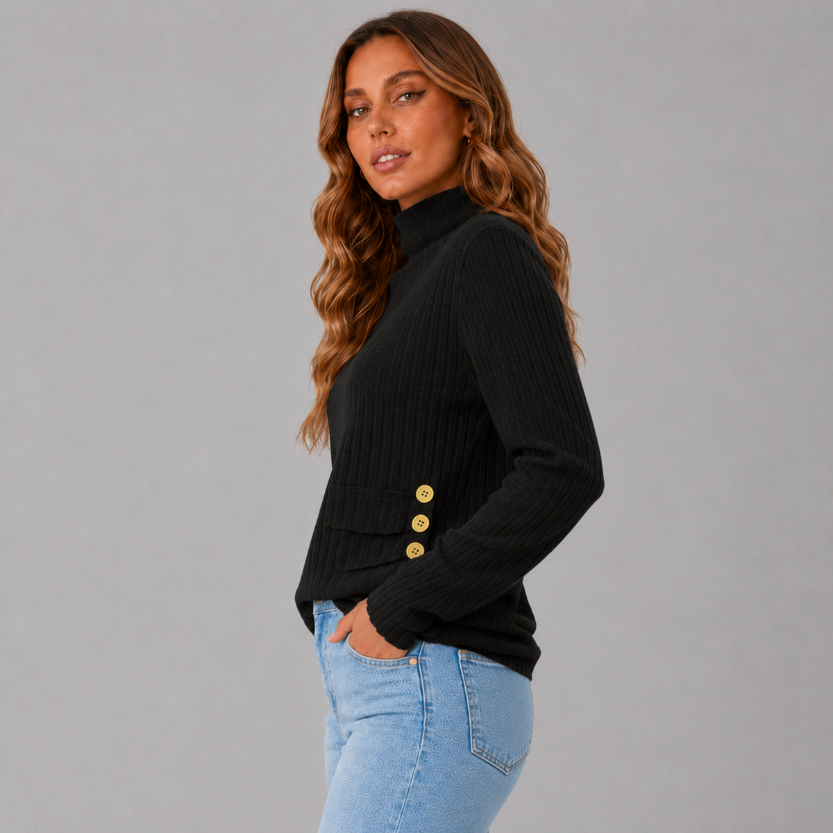 Side Button Rib Roll Neck