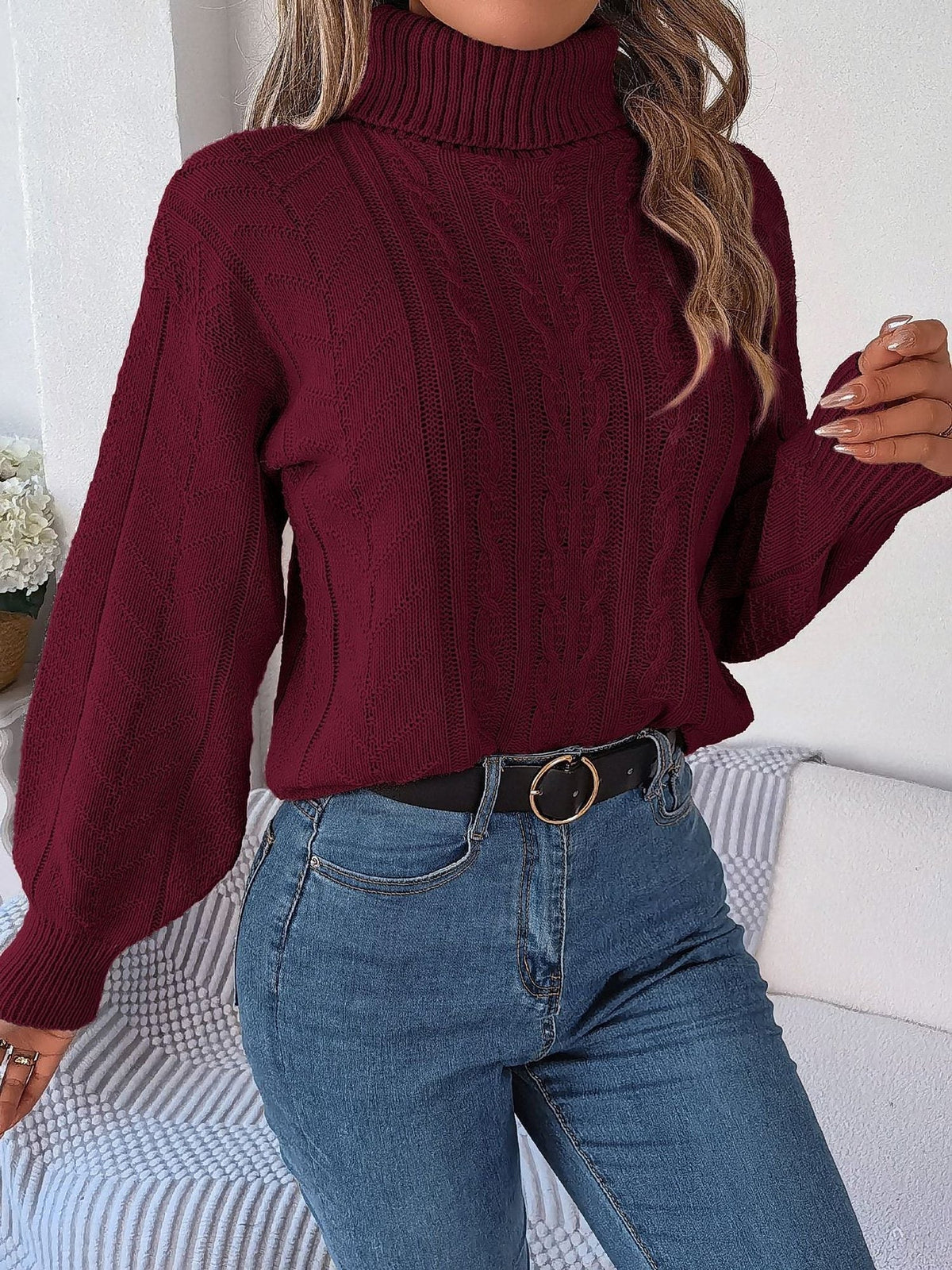 Cable Roll Neck Puff Sleeve Jumper